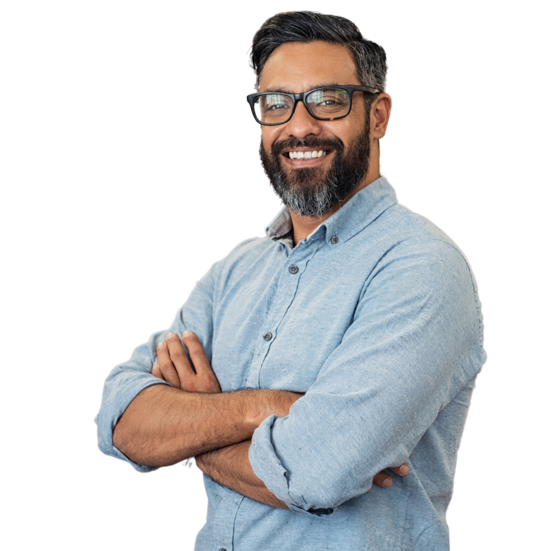man with glasses smiling 