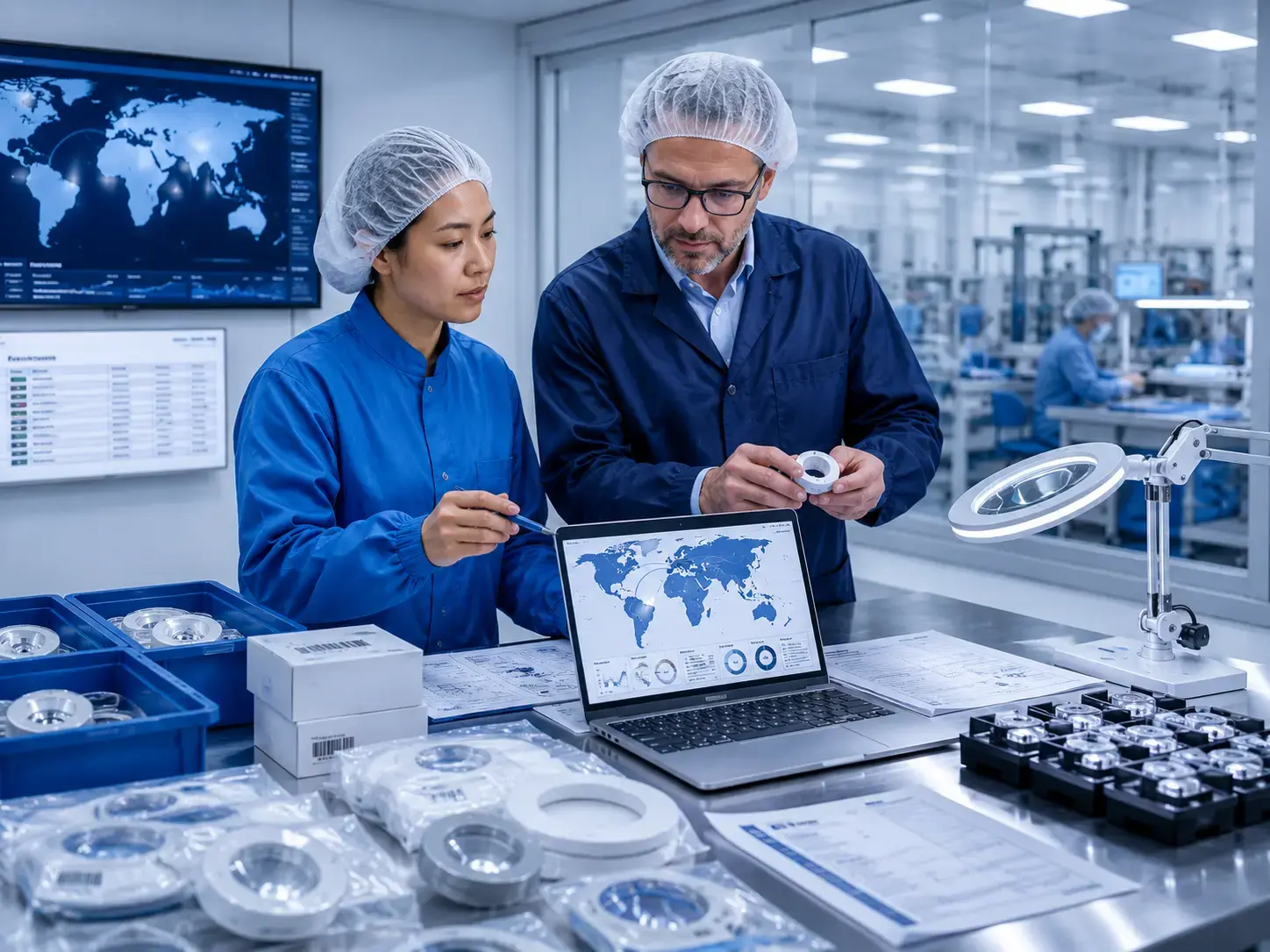 Manufacturing team reviewing medical device components and global supply chain planning in a cleanroom