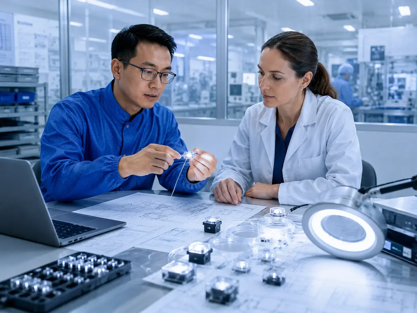 Engineering team reviewing an illuminated medical device component for manufacturability and production readiness