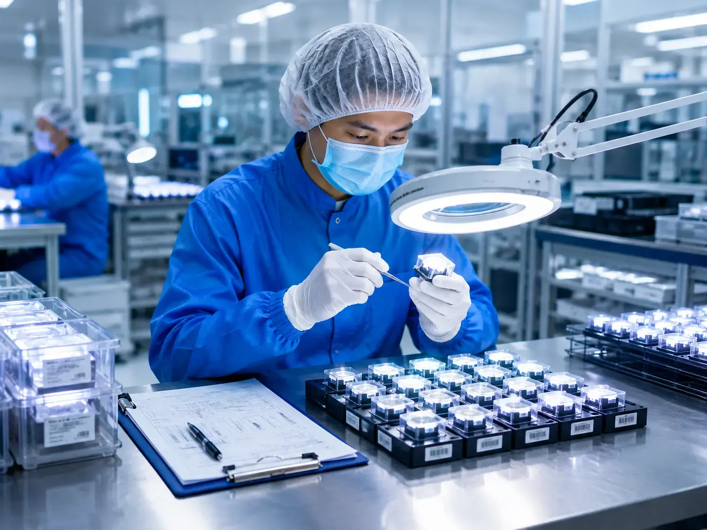 Technician inspecting illuminated medical device components during quality-controlled production testing
